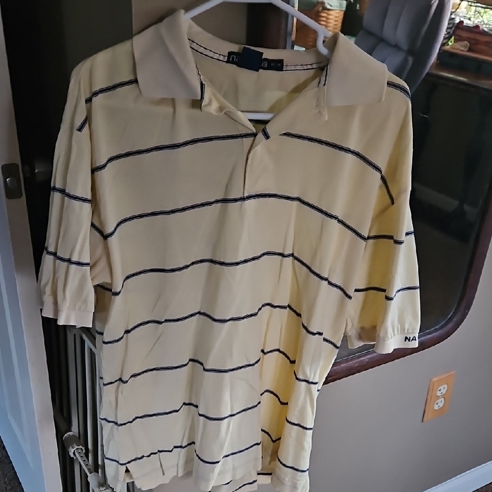 Nautica Men's Yellow and Blue Striped Polo Shirt Medium